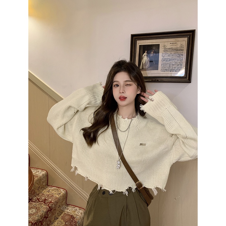 Áo Dệt Kim Tay Dài Dáng Ôm Rách Cá Tính Thời Trang Phong Cách Hàn Quốc Cho Nữ