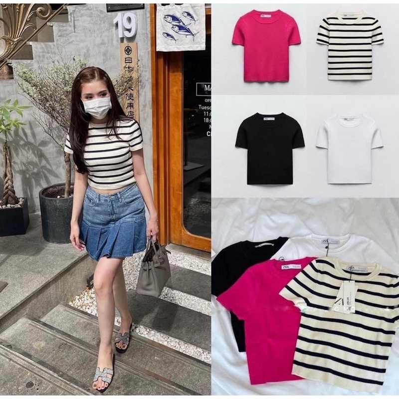 CÓ SẴN-ÁO LEN CỘC TAY ZARA AUTH KẺ -HỒNG S M( KÈM ẢNH SHOP CHỤP)