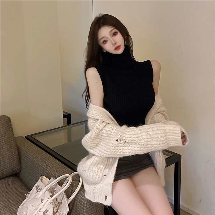Áo dệt kim không tay cổ cao ôm dáng phong cách Âu Mỹ cho nữ