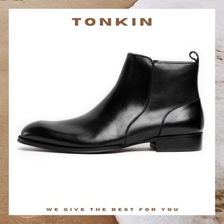 Giày boot nam cổ lửng màu đen CHELSEA ZIP, giày công sở da bò thật khoá kéo TONKIN