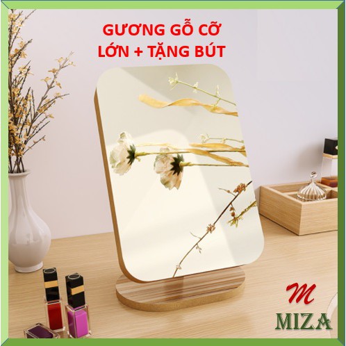 GƯƠNG ĐỂ BÀN - GƯƠNG TRANG ĐIỂM BẰNG GỖ - TẶNG KÈM BÚT VẼ