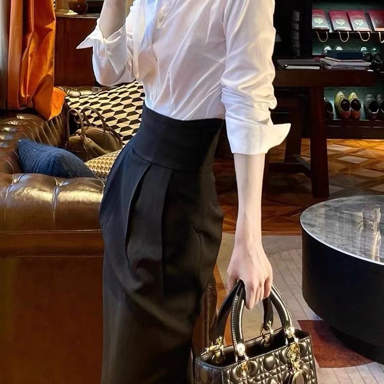 HAPPY HOMLIV Set Áo Sơ Mi Dáng Rộng + Chân Váy Ôm Phong Cách Hepburn Dành Cho Nữ