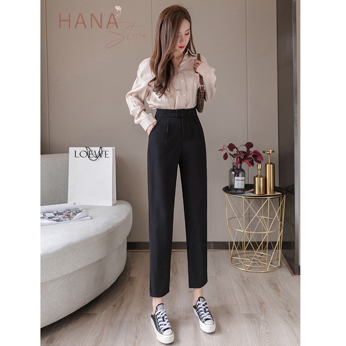 Quần baggy công sở nữ 2 cúc bấm cạp lưng cao màu Đen dài ống bằng đứng - Mặc đi làm đi học sinh - Vải Vintex dày dặn mềm | BigBuy360 - bigbuy360.vn