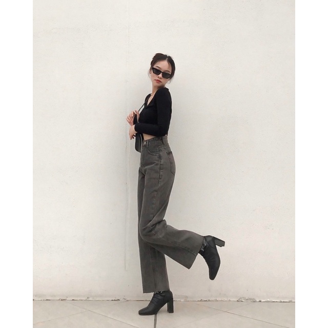 Quần Lya Jeans Suông Xám Rách Gấu