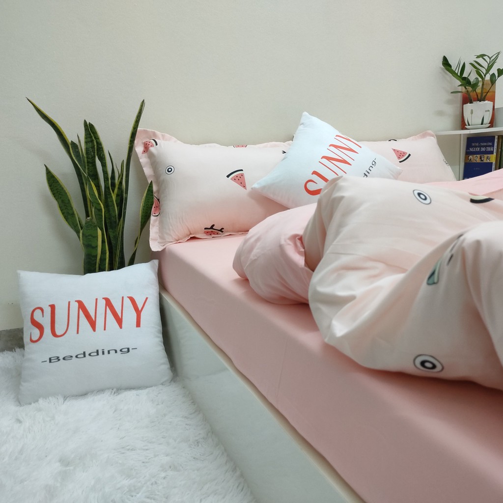 Bộ Chăn Ga Gối SUNNY Bedding Mẫu Dưa Hấu Màu Hồng Nhẹ Nhàng Cho Nệm Drap M2,M4,M6,M8,2m2 Chất Liệu Cotton Poly