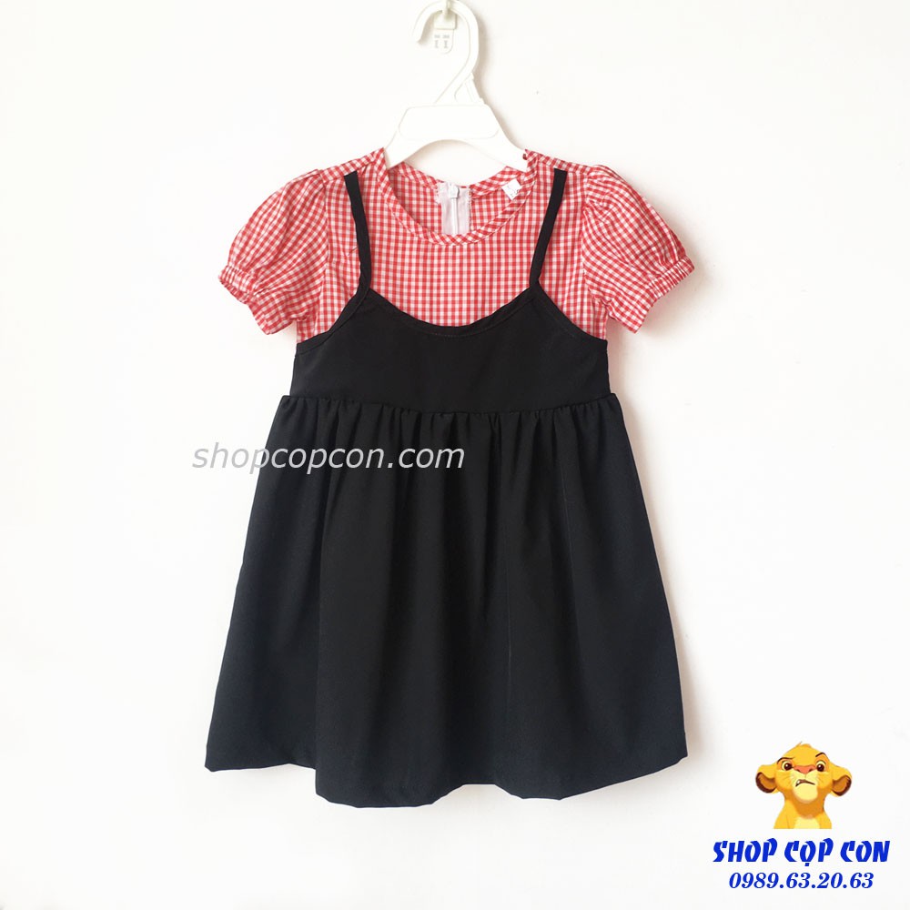 Đầm yếm đen phối caro đỏ