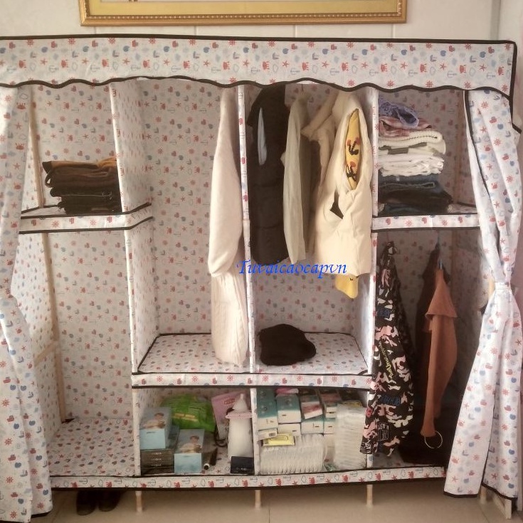 Tủ vải đựng quần áo vải khung gỗ BỌC NHỰA 4 buồng loại 1