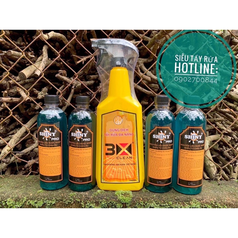 BỘ ĐÔI THẦN THÁNH: Dung Dịch Tẩy Rửa Đa Năng SHINY PRO và 3X CLEAN (Tẩy rửa lốc xe máy, đầu bò, dầu 