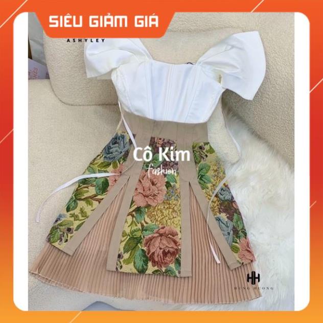 Set áo nẹp trễ vai + chân váy gấm hoa hot trend 2022