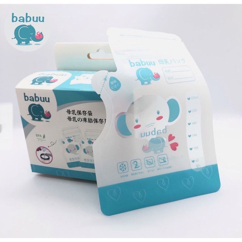 Hộp 50 túi trữ sữa có vòi 250ml Babuu Nhật Bản hình Voi có vòi rót tiện lợi