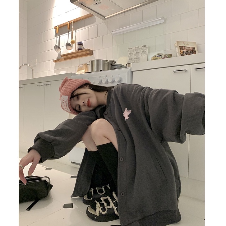 【JMWOMEN】Áo Khoác Bóng Chày Dạng Áo Khoác Bóng Chày Dài Màu Xám Thêu Hình Ngôi Sao Mỹ Có Sẵn