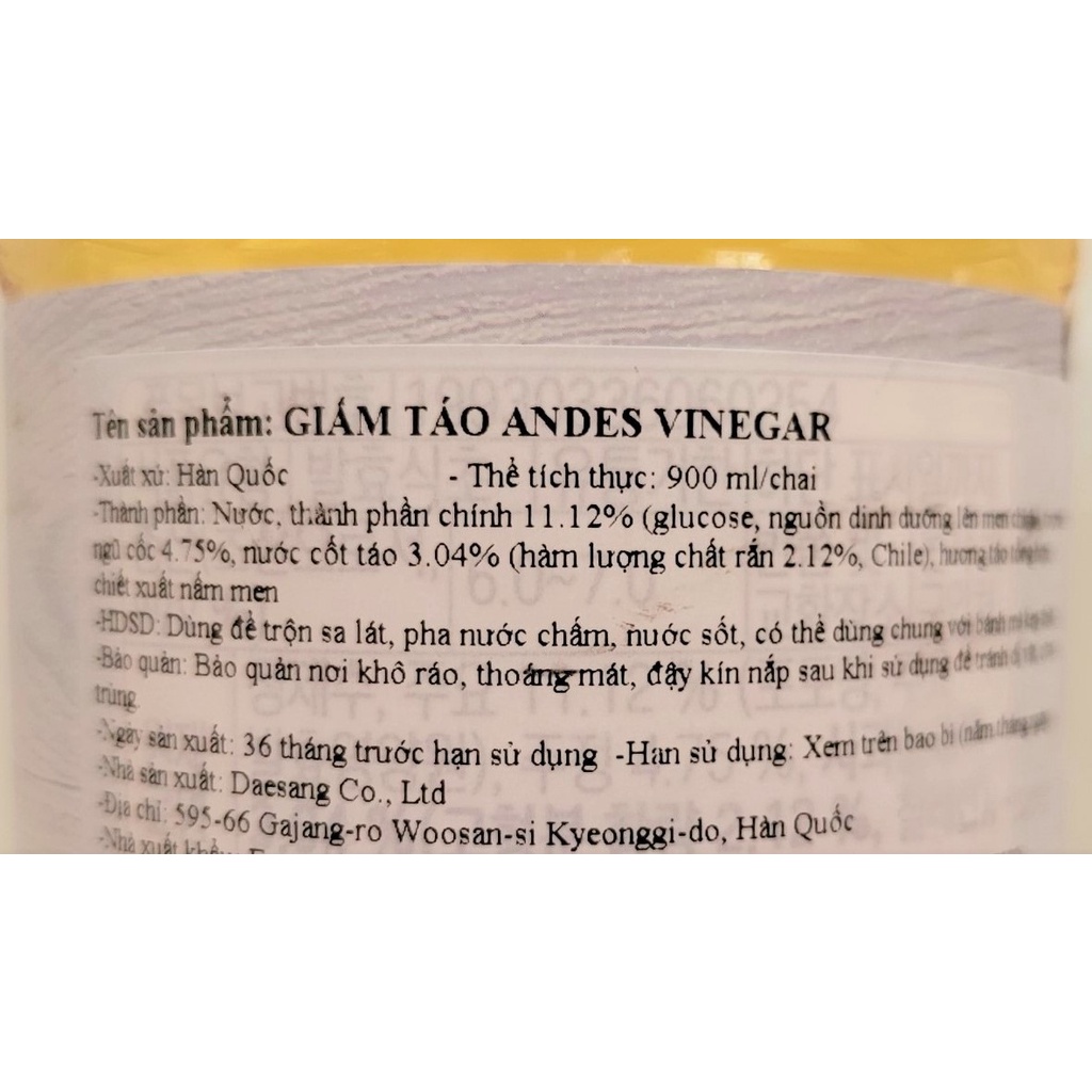 [Chai 900ml] GIẤM TÁO TỪ DÃY ANDES [Korea] DAESANG Andes Apple Vinegar