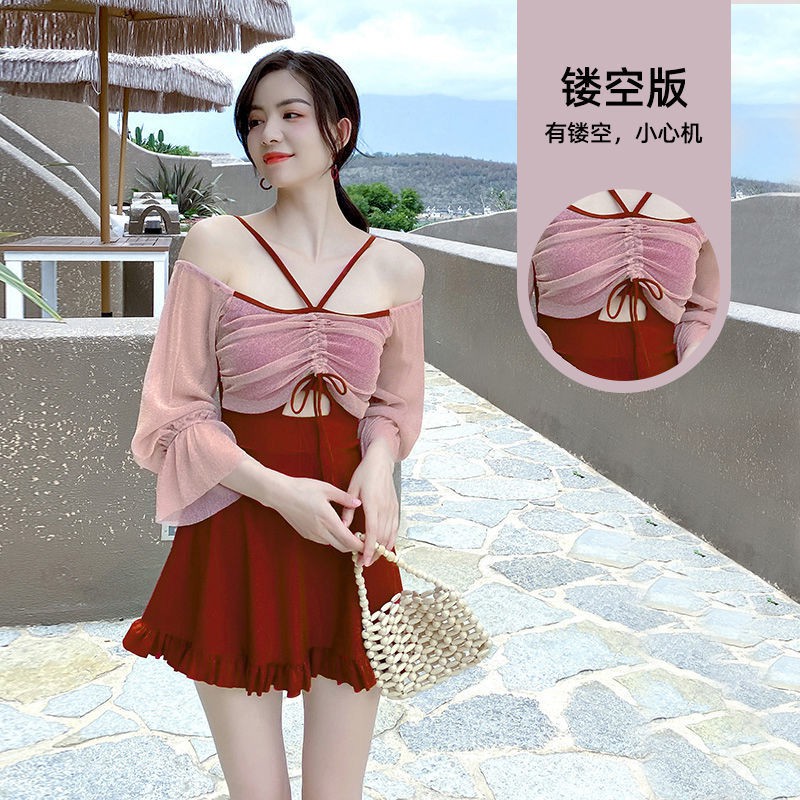 tu dungÁo tắm một mảnh nước nóng màu đỏ lưới xẻ tà kiểu mới cao cấp có tay dài dành cho nữ sinh