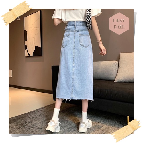 Chân váy bò dài  FIRST DATE chân váy jean dáng dài nữ mùa hè denim xẻ tà thiết kế túi eo cao