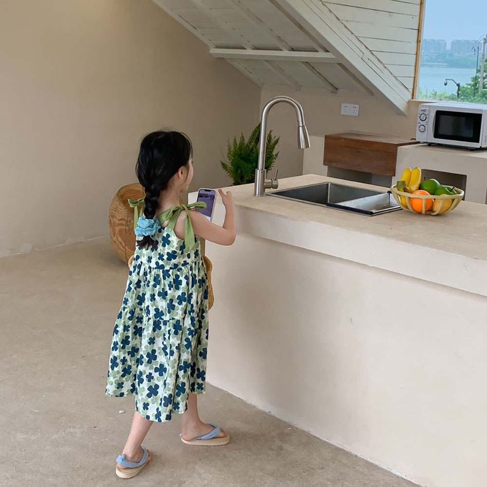 Đầm BEAR LEADER hai dây cột nơ họa tiết hoa thời trang mùa hè 2022 xinh xắn cho bé gái 3-7 tuổi