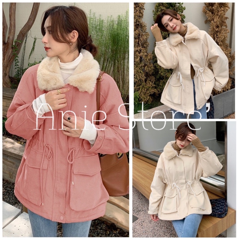 Áo Khoác Kaki Cổ Phối Lông Dây Rút Eo 🦋 Áo Jacket Nữ Đại Hàn Cổ Bẻ Lót Lông 2 Màu 🦋