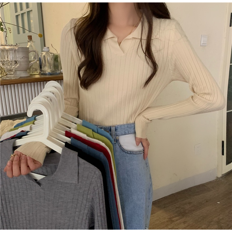Áo dệt kim ZHELIHANGFEI cổ polo tay dài ôm dáng xinh xắn cho nữ