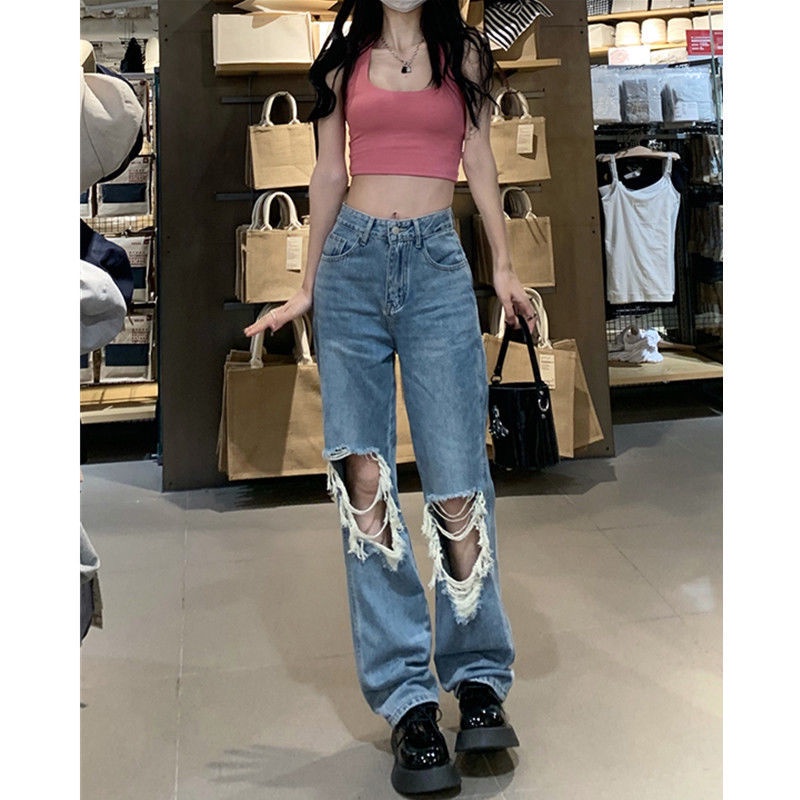 ☃■❧Quần Jean Dài Ống Rộng Lưng Cao Phối Rách Kiểu Retro Cỡ Lớn 2022 Thời Trang Mùa Hè Cho Nữ