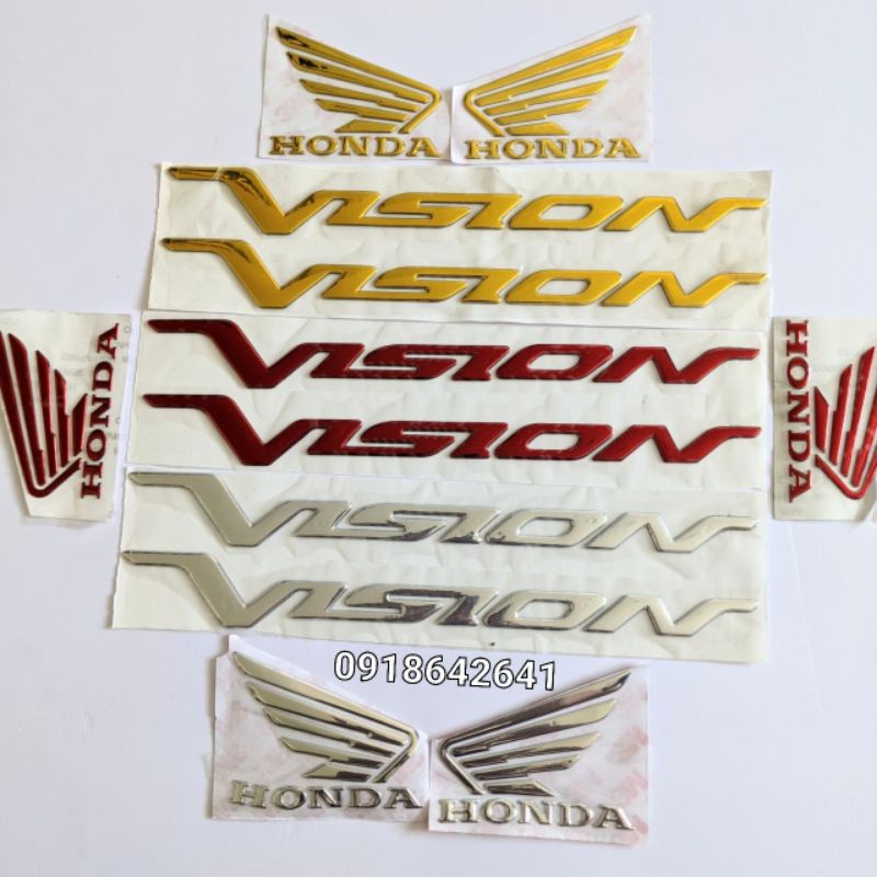 Combo tem chữ Vision đời đầu chữ to đi kèm cánh chim Honda nhựa dẻo