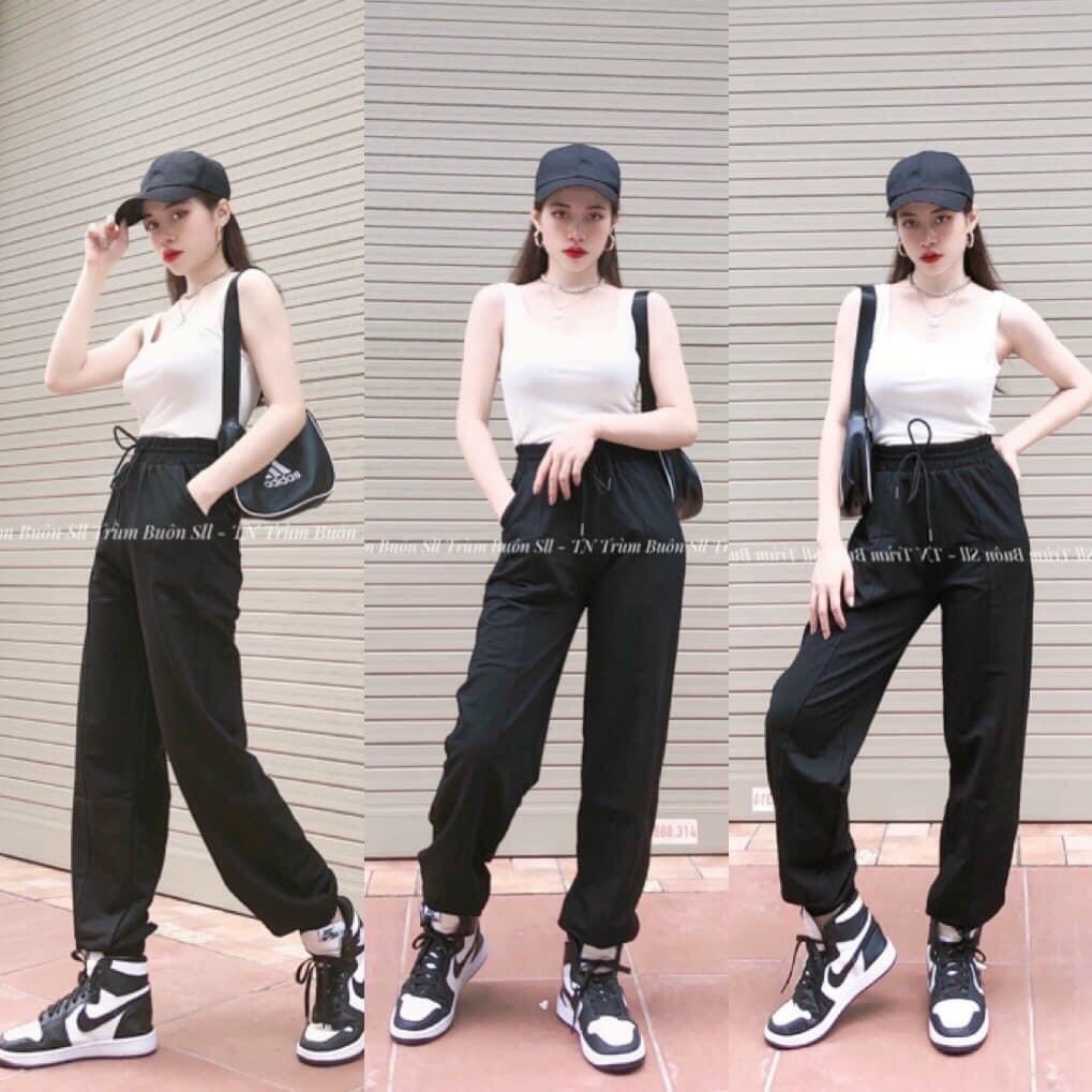 Quần jogger nam nữ ống rộng dây rút dáng dài chất da cá dày dặn màu đen mùa đông - Quần nỉ nữ ống bo gấu ống suông thụng