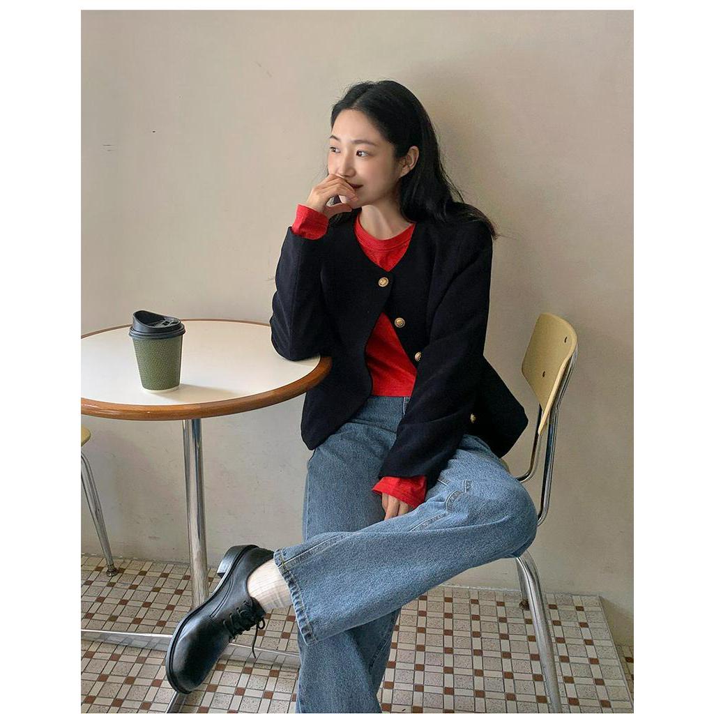 Áo Khoác Suit Dài Tay Cổ Tròn Đơn Giản Theo Phong Cách Retro Pháp 55214