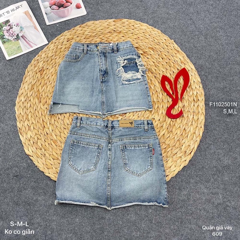 Quần jean giả váy kiểu mài rách cắt lai bên q1102