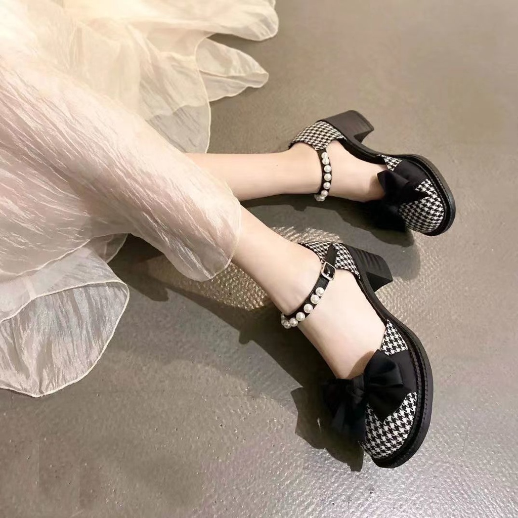 2022 Giày Mary Jane Gót Dày Đính Nơ Ngọc Trai Chống Trượt Thoải Mái Dễ Phối Đồ Giày cao gót