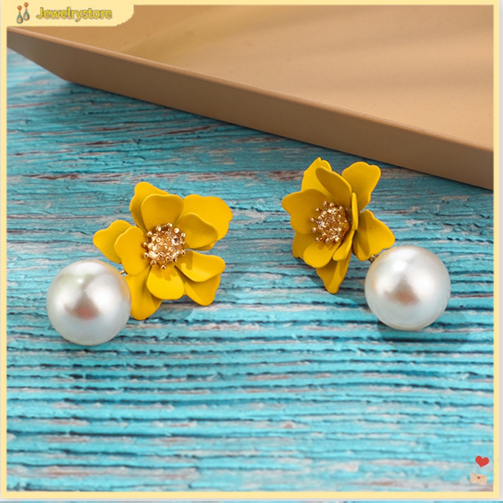 Đôi Bông Tai Mặt Hoa Đính Ngọc Trai Nhân Tạo Thời Trang