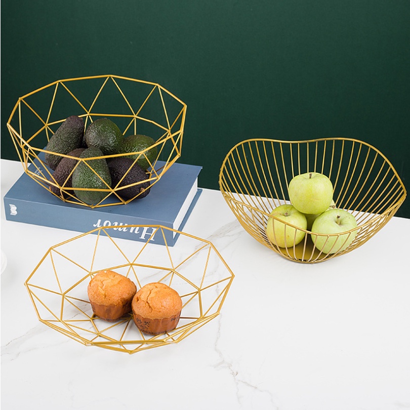 Rổ sắt đựng trái cây kiểu dáng hình học nhiều mẫu dùng để decor trưng bày trong phòng khách, phòng ăn,…