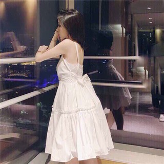 Đầm dây đen nơ eo