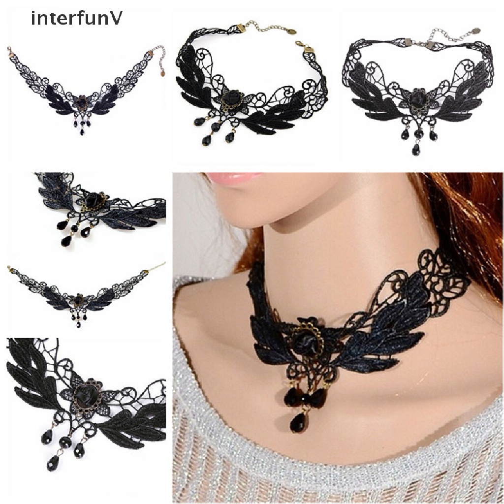 [InterfunV] Vòng Cổ Choker Ren Mặt Giọt Nước Mắt Đen Đính Hạt Phong Cách Lolita Mới Cho Nữ