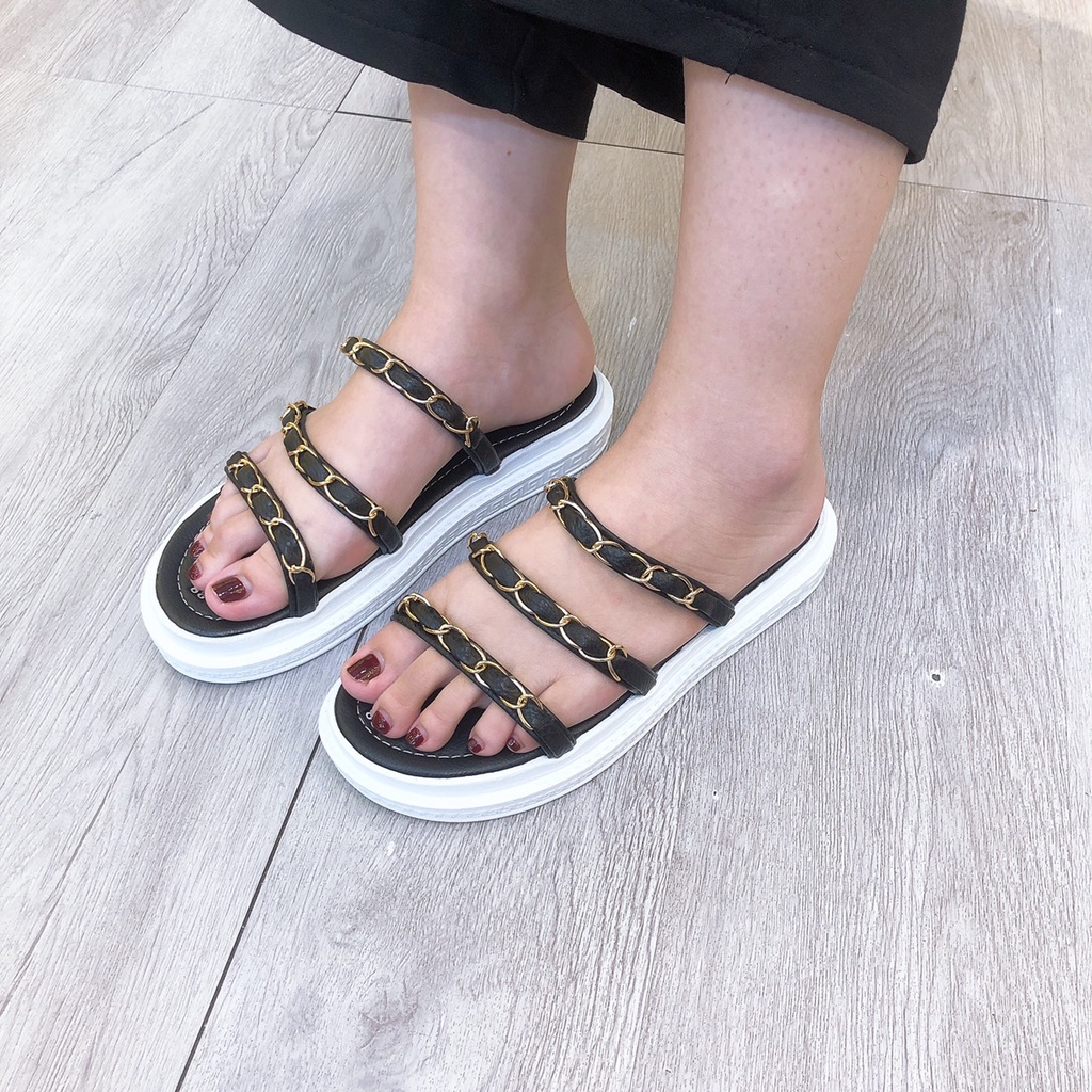 Dép Nữ Đế Bánh Mì Trendy phối dây xích 3 quai chuẩn xinh giá rẻ