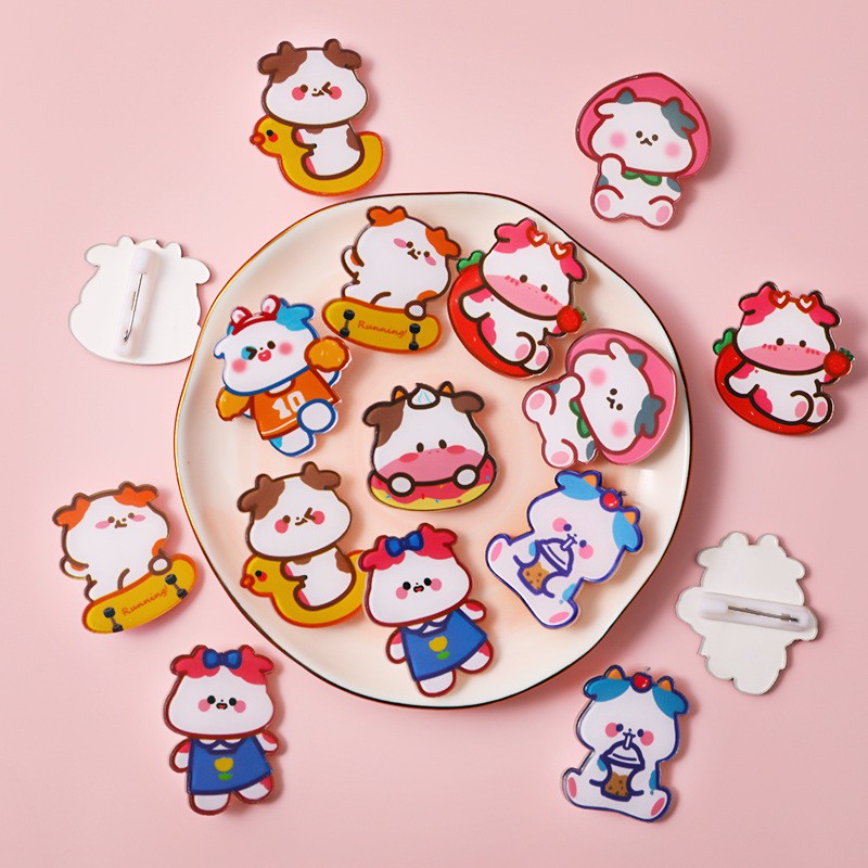 Huy Hiệu, Cài Áo Nhựa Acrylic Brooch Cute Cow Bò Đáng Yêu