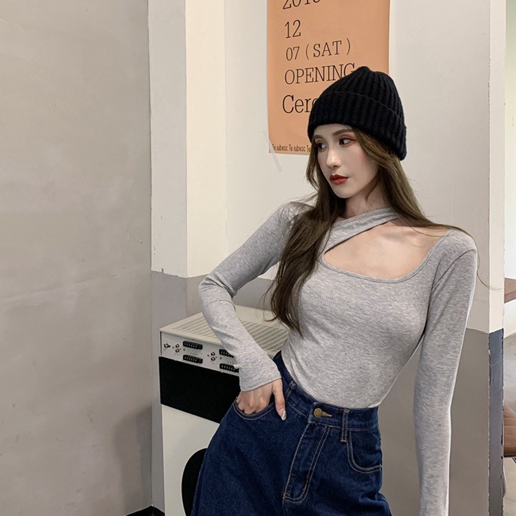 QKOOLE  Áo thun tay dài cổ tròn dáng ôm phong cách Hàn Quốc thời trang sành điệu cho nữ