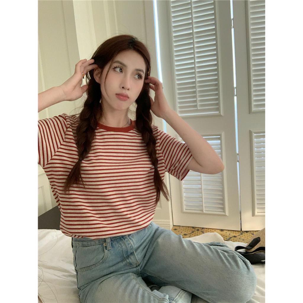 Xiaozhainv Áo Thun Ngắn Tay Form Rộng Họa Tiết Kẻ Sọc Phong Cách Hàn Quốc Dành Cho Nữ