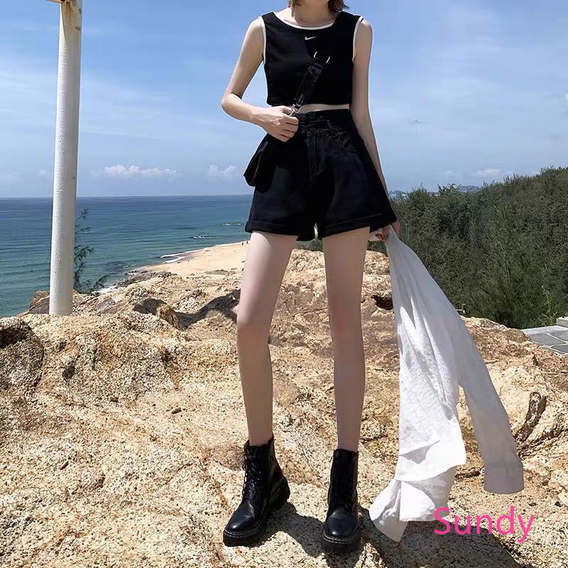 Quần Ngắn Vải Denim Lưng Cao Ống Rộng Thời Trang Dành Cho Nữ