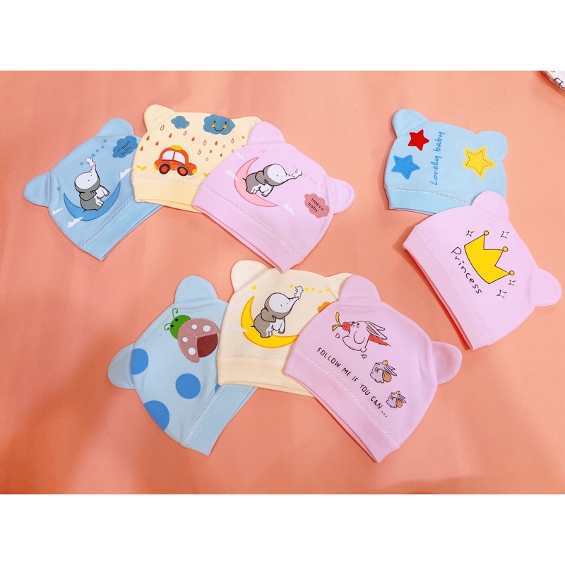 Set 2 Nón In Hình Cho Bé từ 0M+ Vải Cotton