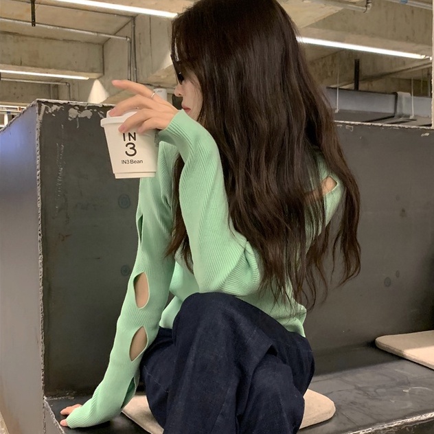 Áo dệt kim ZHELIHANGFEI tay dài khoét lỗ kiểu dáng quyến rũ cho nữ