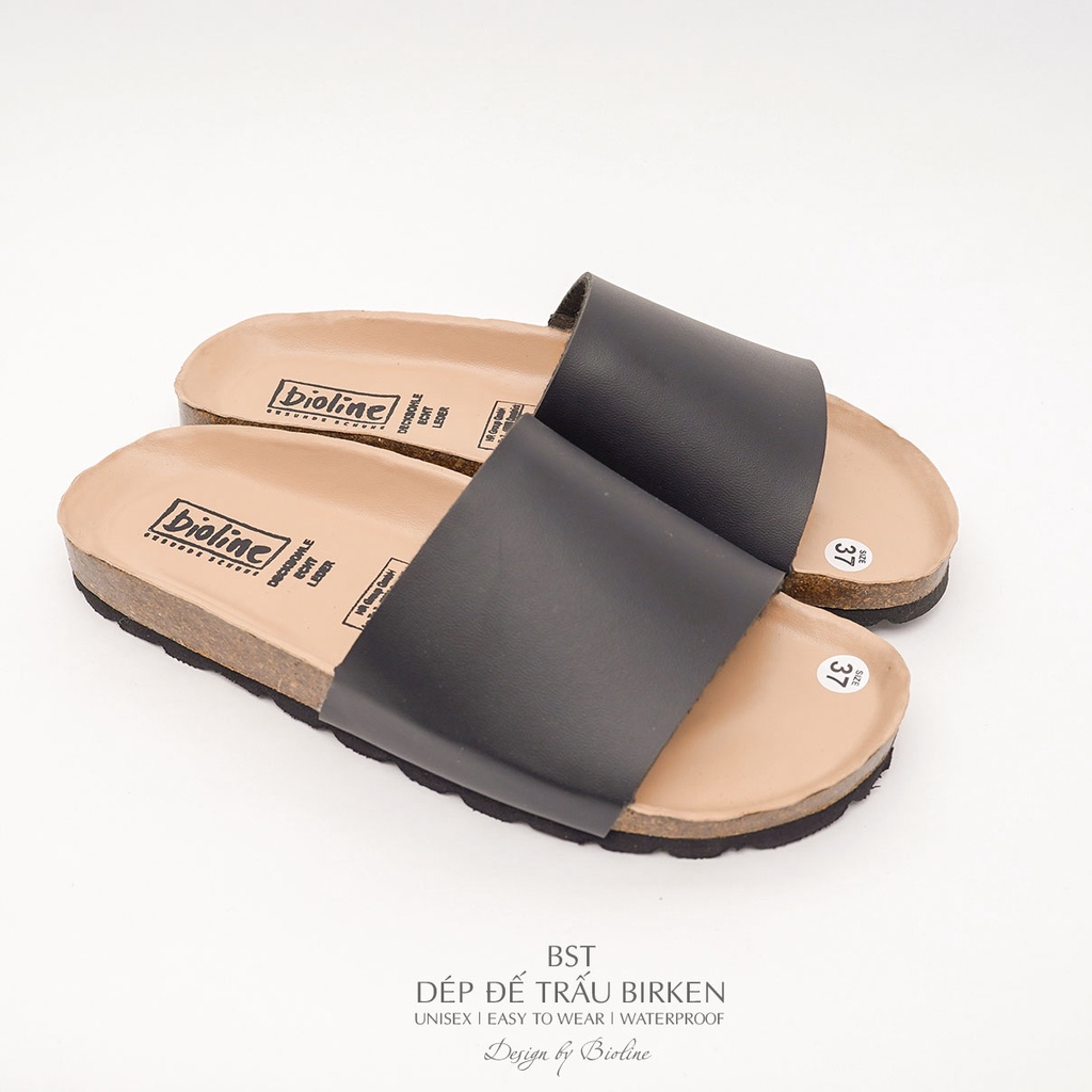 PUK05 - CHỐNG NƯỚC - Dép đế trấu Birken nam nữ Unisex, quai ngang, da PU cao cấp, dép công sở chính hãng Bioline