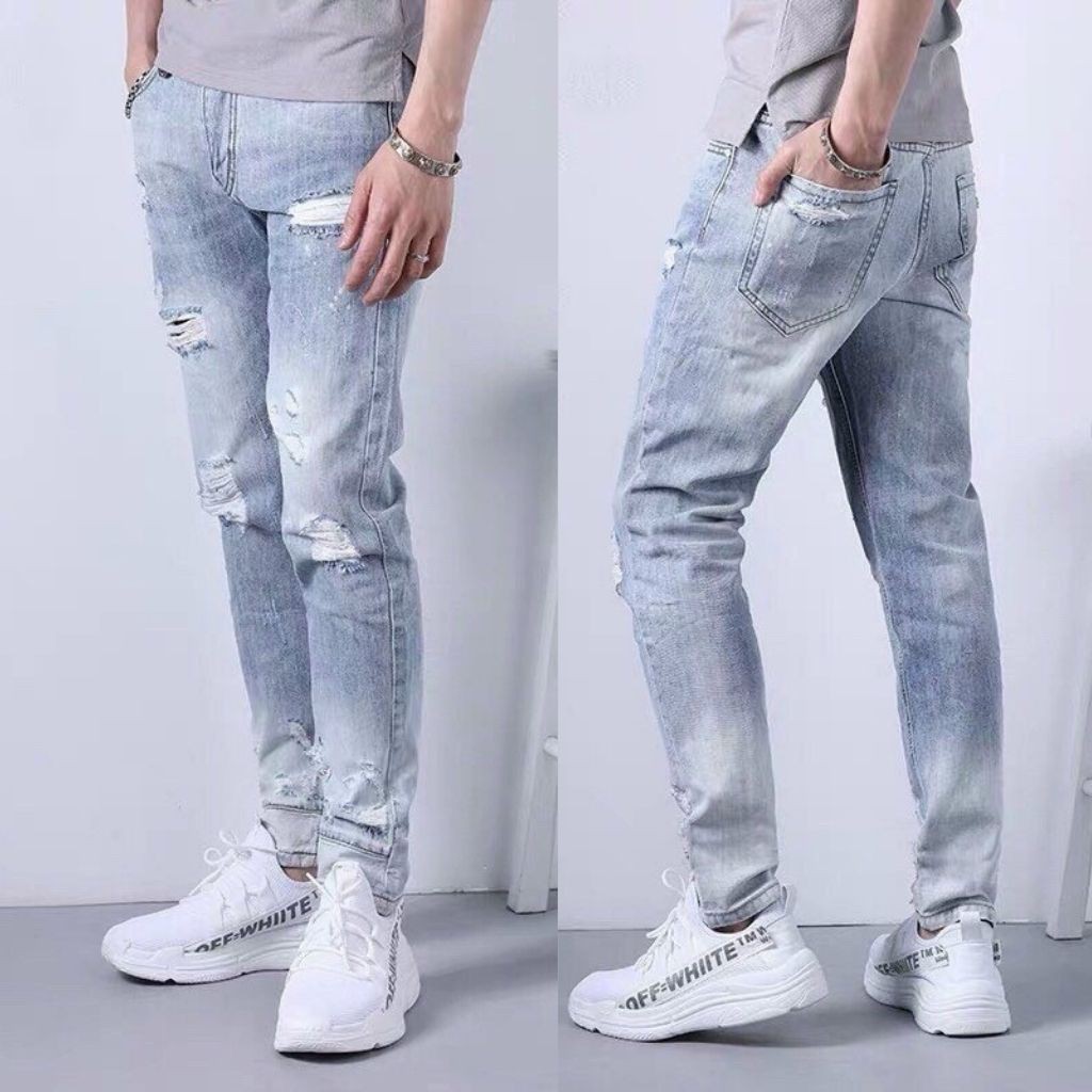 Quần jean Nam-Quần Bò Nam Wash Xanh Bạc Rách Gối Tinh Tế Sắc Sảo Y Hình | BigBuy360 - bigbuy360.vn