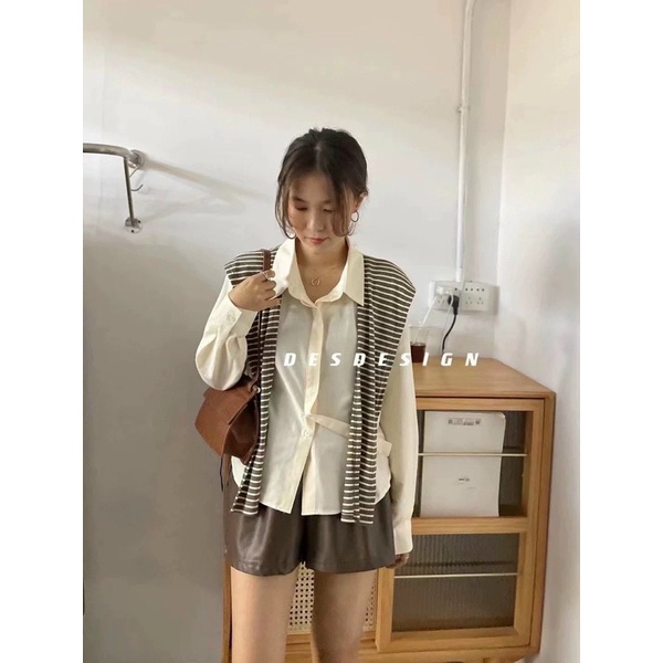 Áo Sơmi Dài Tay Kèm Khoác Choàng Kẻ Sọc, Sơ Mi Đũi Mát Mẻ