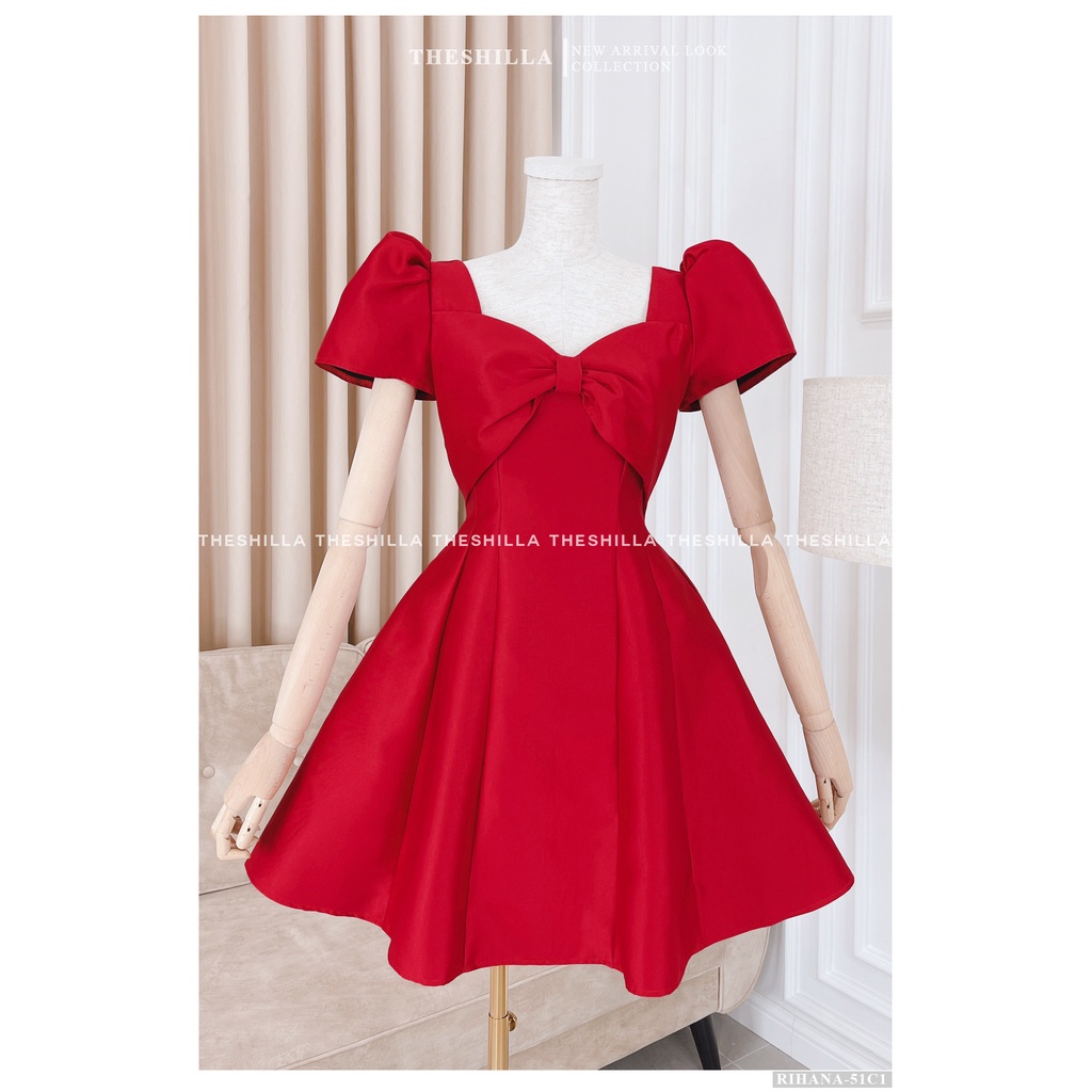 Váy thiết kế cao cấp màu đỏ phối nơ trước ngực tay phồng [ Có video + Ảnh thật ] The Shilla - Rihana-51C1