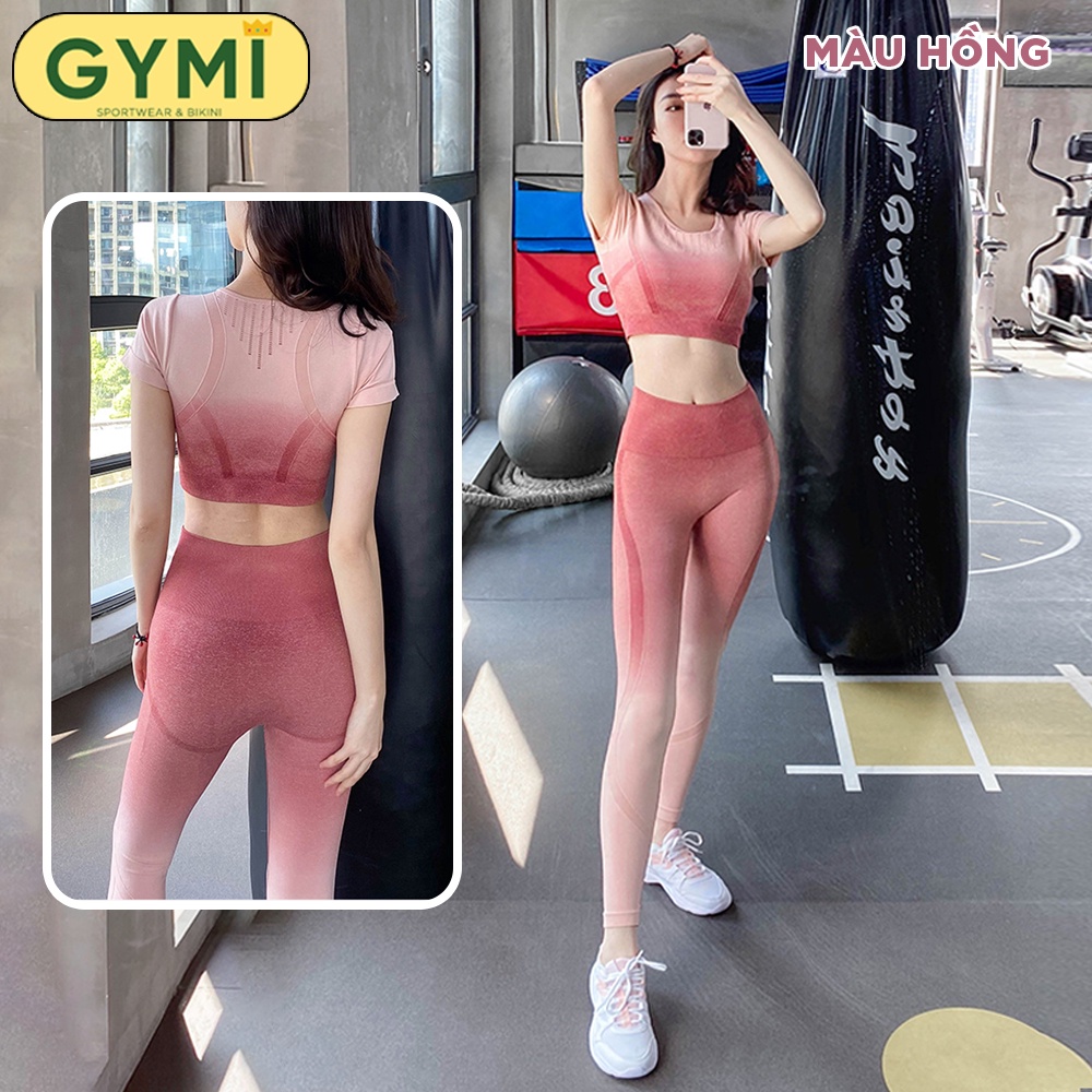 Set bộ đồ tập gym yoga nữ thể thao GYMI SET02 gồm áo croptop ngắn tay kèm mút ngực và quần legging dài chất dệt kim