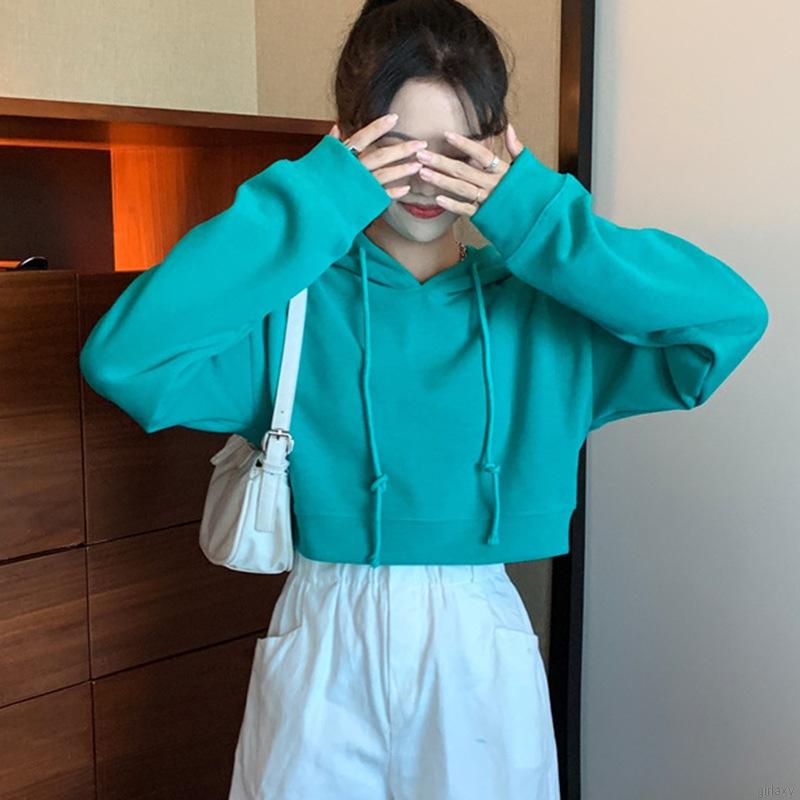 Áo Hoodie Nữ Tay Dài Màu Trơn Phong Cách Hàn Quốc