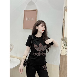 Đồ bộ dài thun cotton đính đá ba lá (2 màu đen, đỏ)