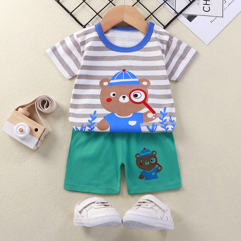 Bộ Đồ 2 Món 100% Cotton Gồm Áo Thun Tay Ngắn Và Quần Ngắn In Họa Tiết Động Vật Hoạt Hình Cho Bé Trai 1-7 Tuổi