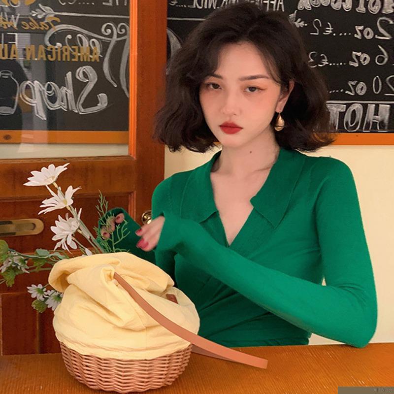 Áo croptop dệt kim màu trơn tay dài cổ chữ V thời trang Hàn Quốc cho nữ