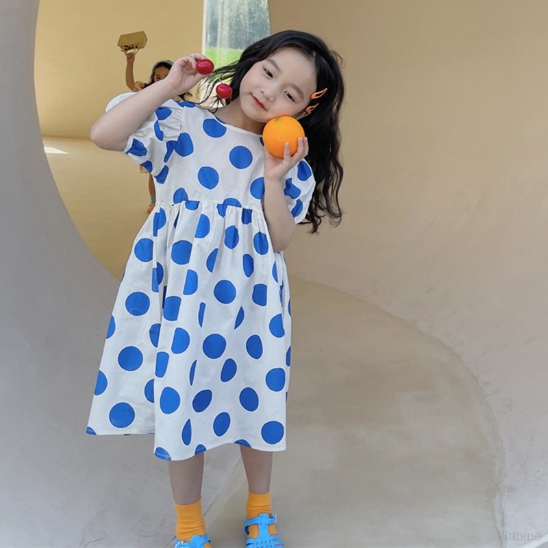 Đầm Công Chúa Tay Phồng Cổ Tròn In Họa Tiết Chấm Bi Màu Trắng Dễ Thương Phong Cách Hàn Quốc Thời Trang Mùa Hè Cho Bé Gái