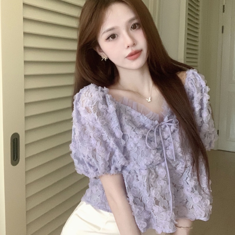 Áo kiểu Pure Cube tay phồng họa tiết hoa hồng phong cách retro dành cho nữ