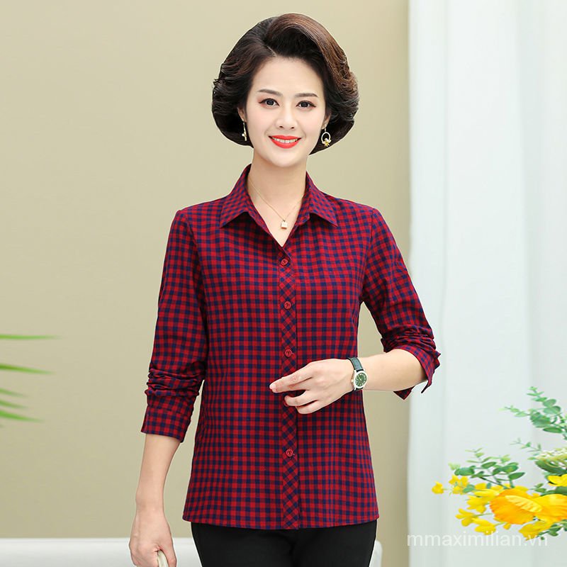 Áo Sơ Mi Cotton Tay Dài Dáng Rộng Kẻ Sọc Caro Thời Trang Mùa Thu Cho Nữ Trung Niên